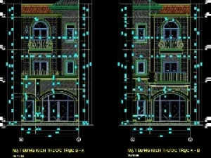 Bản vẽ tòa shop house 3 tầng, diện tích (12.9x6)m. Full kiến trúc, kết cấu, MEP