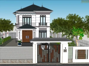 Bản vẽ autocad và sketchup Biệt thự nhà vườn 2 tầng mái Nhật 8x12.5m